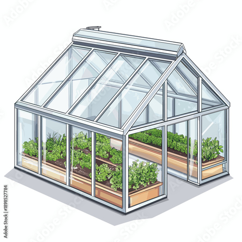 Stylish modern greenhouse with vibrant plants