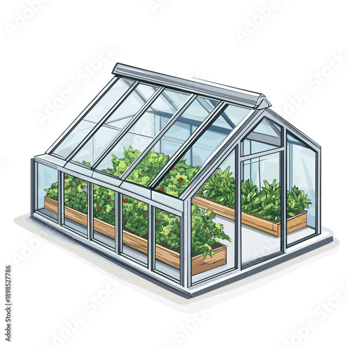Stylish modern greenhouse with vibrant plants