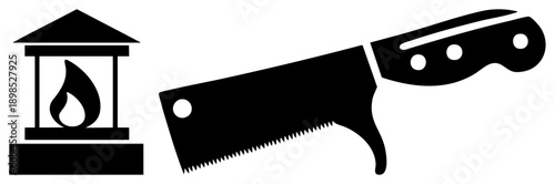 Vector graphic showing a handsaw and a flame within a classical urn, isolated symbols, tool and memorial, flat design, symbolic.