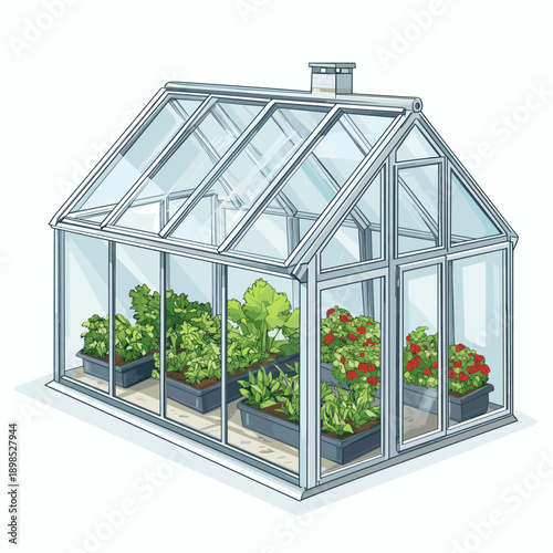 Stylish modern greenhouse with vibrant plants