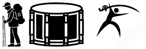 Three stylized black silhouettes hiker with backpack and staff, snare drum with hoops, in dynamic pose. Flat vector for sport, music, and adventure themes.