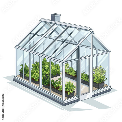 Stylish modern greenhouse with vibrant plants