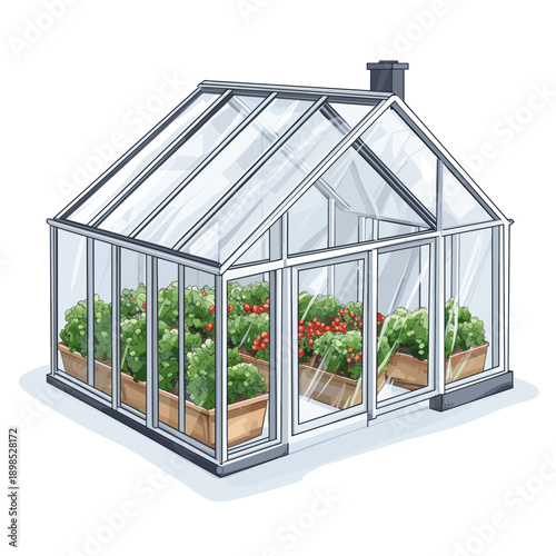 Stylish modern greenhouse with vibrant plants