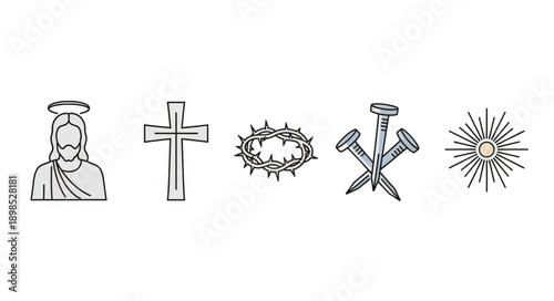 Christianity symbols drawing Jesus cross crown of thorns nails sun.