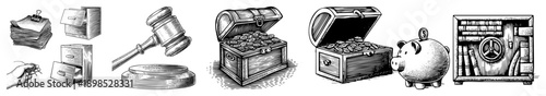Classic financial treasure chest, gavel, piggy bank, safe, filing cabinet, symbolizing savings, law, wealth, security, and organization.