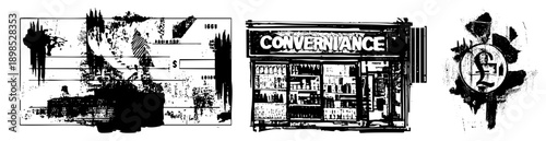 Grungy ink illustration of check, convenience shop, and pound symbol, urban finance, retro graphic, black and white vector art.