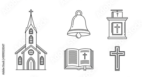 Christianity Symbols Religious Icons Line Art Illustration.