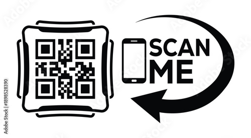 Black and white QR code with bold "SCAN ME" text, smartphone icon, and curved arrow—ideal for mobile interaction, digital marketing, and tech-themed promotional materials.