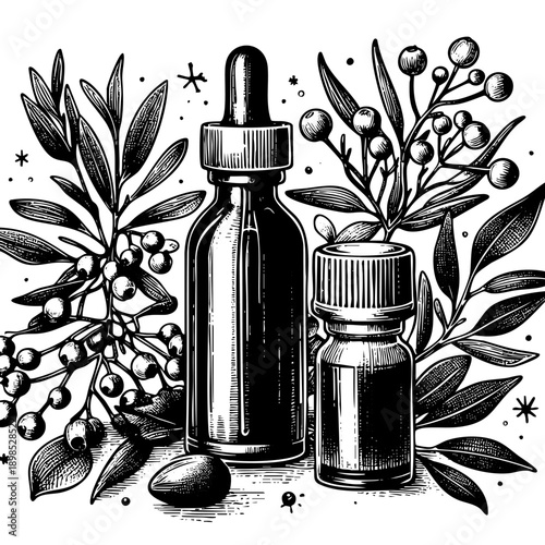 Detailed black and white engraving of amber glass dropper bottle and small vial surrounded by medicinal herbs, leaves and berries. Vintage style organic cosmetics and aromatherapy concept.