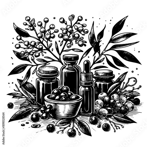 Detailed woodcut style illustration of various apothecary glass bottles, a dropper vial, and a bowl of berries surrounded by medicinal plants. Retro botanical concept for organic wellness.