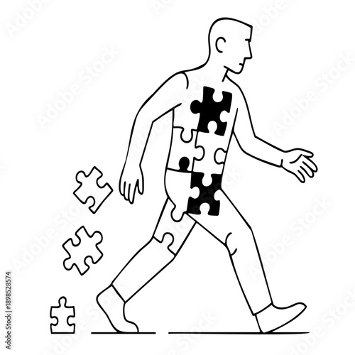 Minimalist black and white line art of a man walking, with his torso made of puzzle pieces that are falling away. Concept for mental health, memory, or identity loss.