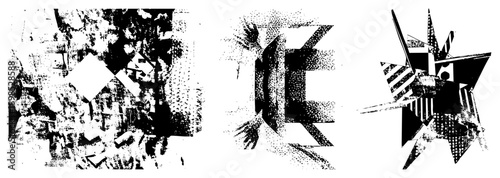 Black and white vector art featuring fragmented geometric forms, halftone textures, and sharp angular compositions, ideal for graphic design or digital illustration.