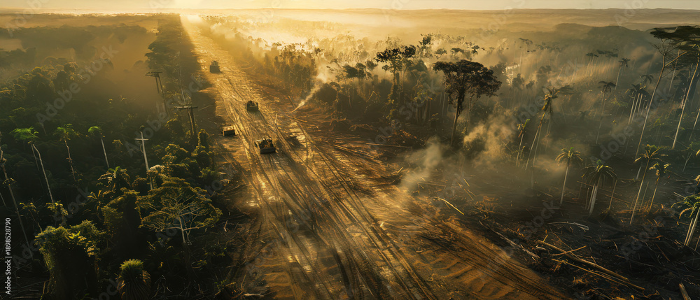 Obraz premium Aerial view of deforestation with heavy machinery clearing rainforest, leaving smoke and destruction behind under warm golden sunlight.