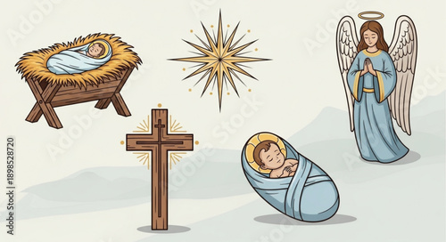Christmas Nativity Scene Elements Including Baby Jesus Angel and Cross.