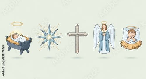Christmas Nativity Scene Symbols and Angel Illustration.
