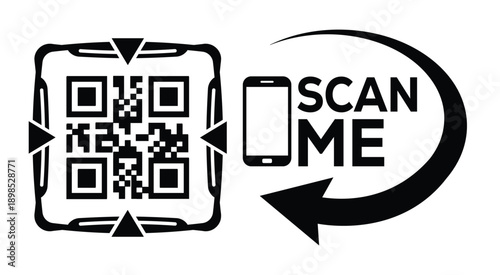 Black and white QR code with bold "SCAN ME" text, smartphone icon, and curved arrow—ideal for mobile interaction, digital marketing, and tech-themed promotional materials.