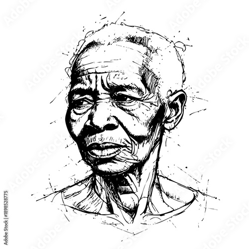 Detailed black and white hand-drawn portrait of an old person with deep wrinkles. Artistic ink sketch with splashes, representing wisdom, aging, and life experience.