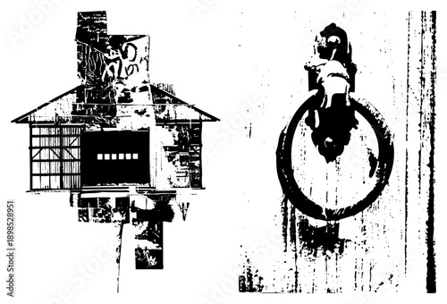 Weathered barn with graffiti covered roof and wooden door knocker, rustic farmstead, rural architecture, black and white vector art, distressed texture.