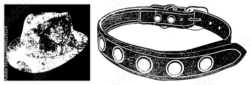 Worn fedora hat with textured, studded leather collar with buckle, retro fashion accessories, isolated vector graphics, flat design style.