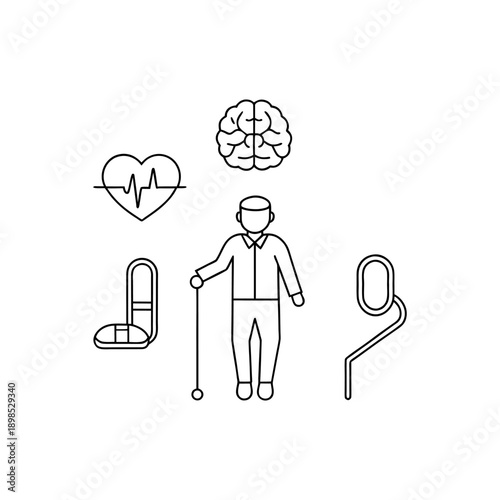 Elderly person using mobility aid surrounded by health and wellness icons