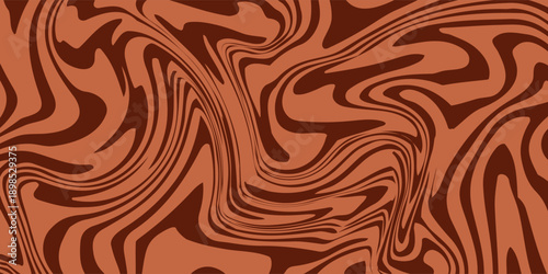 Retro coffee color background. Milk chocolate liquid dessert texture. Wavy swirl candy pattern for poster, cover, banner, pamphlet. Vintage brown trippy hippie wallpaper in 60s or 70s style. Vector