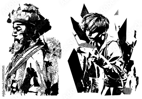 Bold halftone illustrated characters, one bearded man in fur hat, one modern youth with geometric, vector art, isolated foreground, graphic design elements.