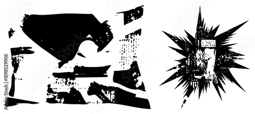Fragmented black shapes with distressed texture, explosive burst graphic, stencil art style, vector cutout elements, isolated design pieces.
