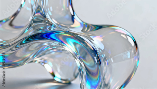 Avant-garde glass sculpture with an iridescent ethereal glow, with a transition of colors from blue to rainbow gradients. Vector graphics.