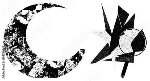 Halftone textured moon and magnifying glass over starburst, vector illustration,, graphic design, scientific exploration, celestial observation.