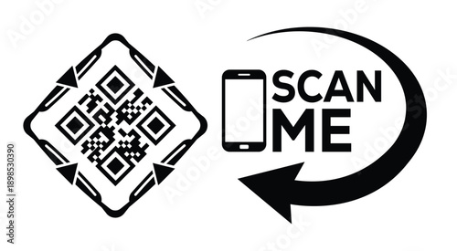 Black and white QR code with bold "SCAN ME" text, smartphone icon, and curved arrow—ideal for mobile interaction, digital marketing, and tech-themed promotional materials.