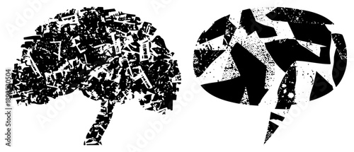 Two stylized brain made from fragmented shapes and typography, vector art, conceptual design, cognitive representation, isolated graphic elements.