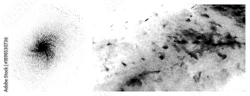 Vector graphic featuring halftone dot gradients and textured noise, ideal for graphic design, print, or digital art backgrounds. Alternately called stipple art or dot matrix texture.