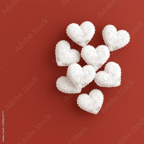 Decorative white hearts on a red background.
