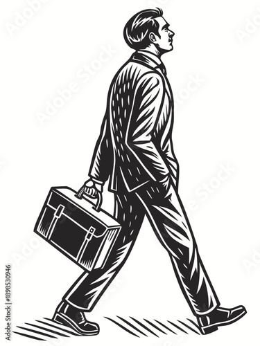 Businessman holding a briefcase, formal suit, professional posture, linocut vector line art, strong black carved lines, traditional linocut engraving style, monochrome black and white, rough handmade 
