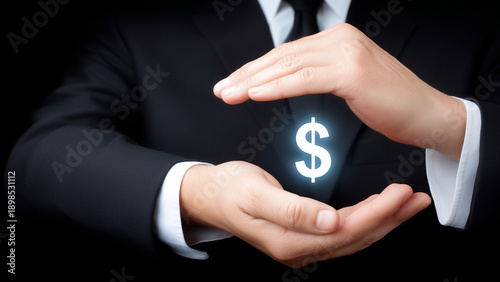 a businessman protecting a glowing dollar sign icon, financial safety and security concept