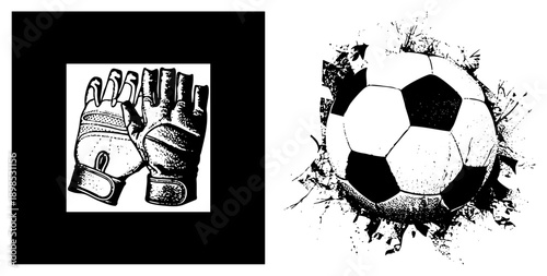 Football breaking through concrete wall, black and white halftone style, sports action graphic, isolated vector illustration, goalkeeper equipment context.