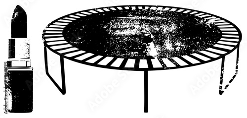 Cosmetic lipstick next to, beauty product and recreational equipment, stylized black and white illustration, halftone texture, graphic art.