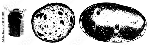 Vintage halftone print of salt shaker, rustic bread, and potato, food, kitchen staples, culinary elements, grainy texture, stylized food graphics.