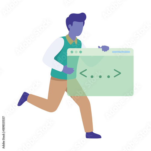 Developer running with code window, depicting fast web development and agile coding