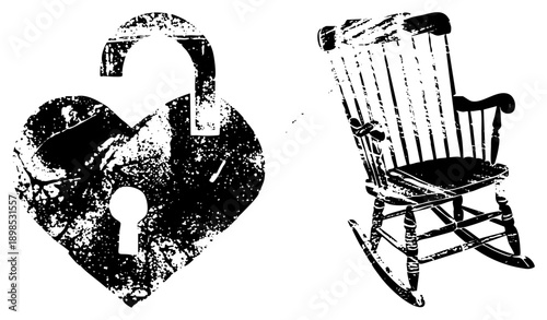 Vintage style heart lock, romantic security motif, rustic rocking chair, distressed vector art, graphic design.