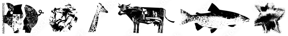 Obraz premium Vector animal cutouts with fragmented shapes, giraffe, cow, salmon, fox, pig, and bird, rendered in high contrast black and white, abstract design, isolated foreground elements.