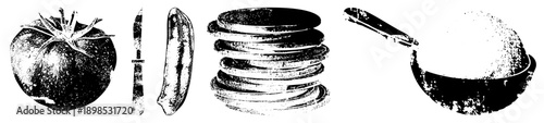Black and white halftone graphic of food items tomato with stem, knife beside banana, stack of plates, and bowl with spoon. Vector art, isolated elements, kitchenware, food, stylized dining.