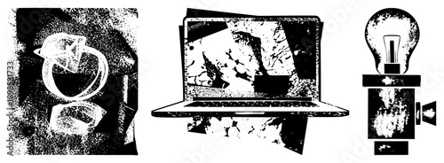 Retro film camera, cracked laptop screen, glowing lightbulb, halftone vector art, tech and creativity symbols, graphic design.