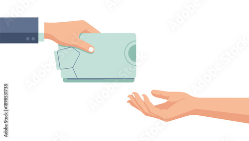 Person handing over a wallet to another person in a simple illustration indicating a transaction or exchange of money
