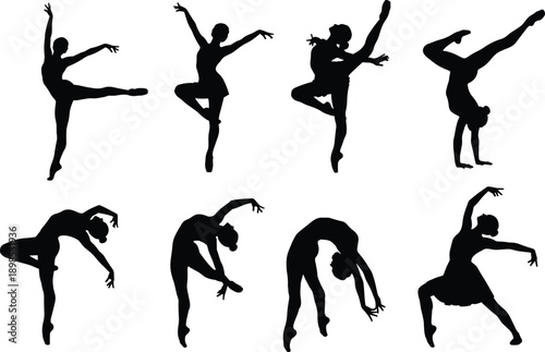 Ballerina and gymnast silhouette collection, contemporary female dancer poses, black vector illustration set isolated on white background.