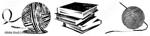 Classic black and white halftone illustration of yarn skeins and book stacks, graphic design elements, educational or craft themed vector art, textured art, composition.