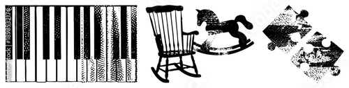 Black and white halftone vector illustration of piano keys, wooden rocking horse, and puzzle pieces, stylized with texture and grain, isolated graphic elements.
