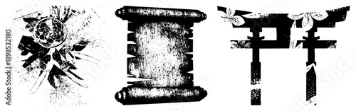 Dreamcatcher with webbed circle, aged scroll with torn edges, Japanese torii gate with accents, symbolic spiritual artifacts.