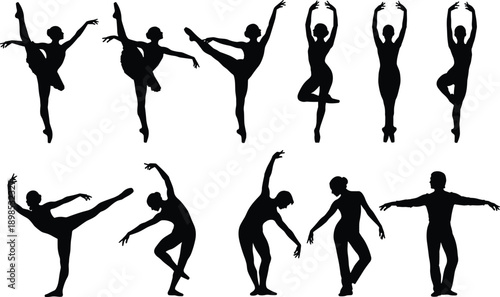 Ballet dancer silhouettes in elegant poses, professional dance movements, classical ballet art, graceful performance shapes, expressive choreography forms, black silhouette design
