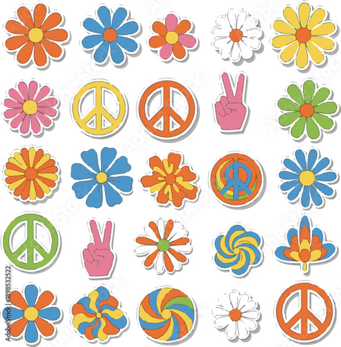 Vibrant flower and peace sign silhouette graphic